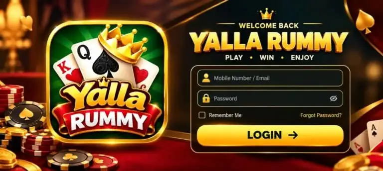 Yalla Rummy login guide with account and password fields